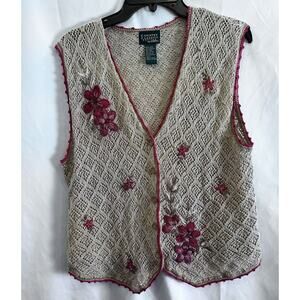 Country Classics Koret Beige Floral Embroidered Crocheted Vest Size L Vintage